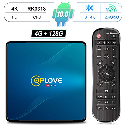 TV Box Android 10.0, QPLOVE Q8 TV Box ?4G+128G? Android, RK3318 Quad-Core 64bit Cortex-A53/ Wi-FI 2.4G/5Ghz LAN 100M, 4K Boitier Android TV