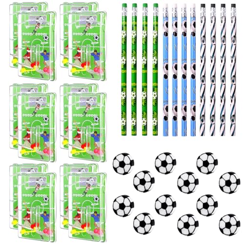 Yivom Set Cancelleria a Tema Calcio - 12 Matite e Gomme da Cancellare, Gioco di Flipper per Bambini, Ufficio e Scuola