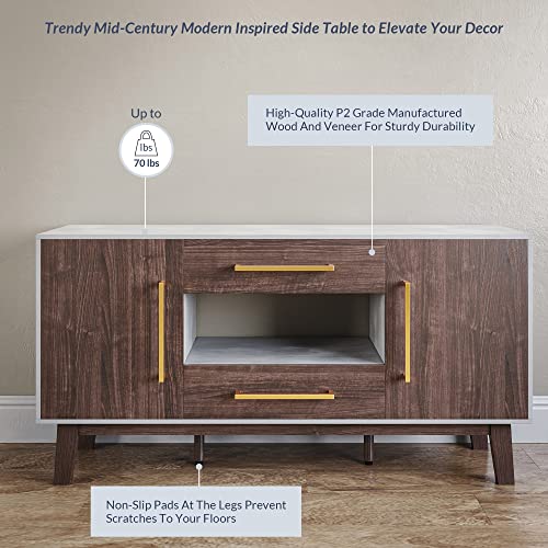 Belleze Mid-Century Modern Side Table With Two Drawers And Enclosed Cabinets, Sideboard Buffet Table For Kitchen, Living Room, Or Hallway - Tristan (Dark Walnut) #TOP3