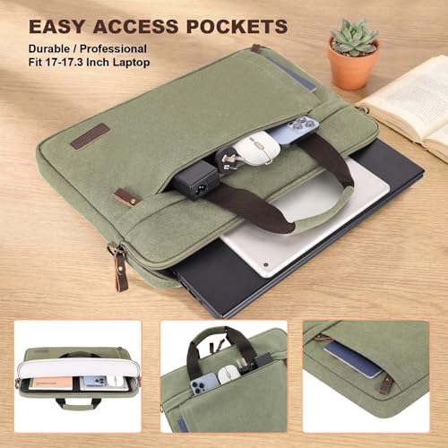 Image of ESTARER Laptop Bag 17-17.3 Inch, Computer Bags for Men Water-resistant Canvas Laptop Case Slim Laptop Sleeve Fits Hp /Dell /Asus /Lenovo /Acer, Green