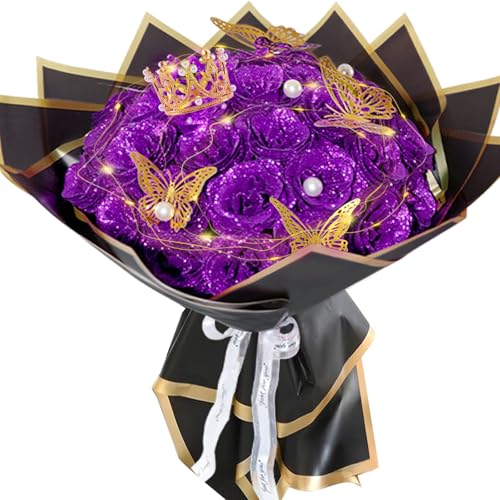 Purple Glitter Roses Bouquet Shiny Fake Glitter Flower Artificial Rose 36pc