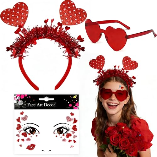 Valentinstag Herz Haarreif Rot Herzen Haarreifen Stirnband mit Herz Brille Glitzer Pailletten Herzen Stirnbänder Amor Kostüm Damen Accessoires für Valentinstag Faschingsparty Kostüm Zubehör