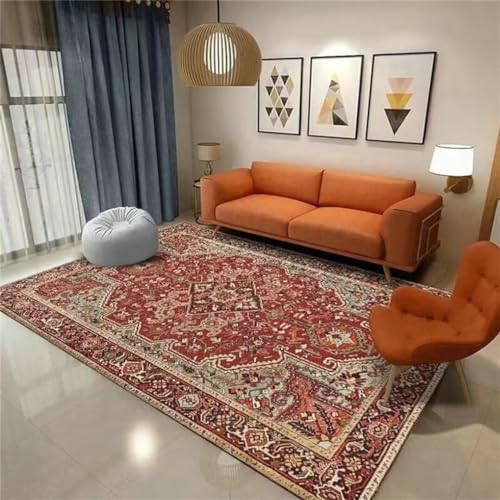 Tapis durable à poils courts rouge rétro pour petit salon