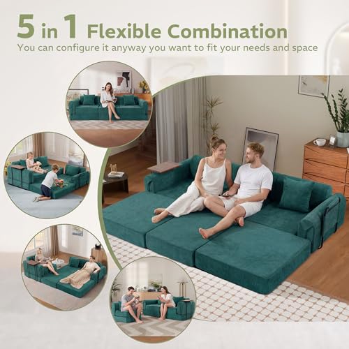Image of 100 inch Convertible Sofa Bed, 5-in-1 Modular Sectional Cloud Couch with Fixed-Shape Frame & Storage Pocket, No Assembly Required Boneless Sleeper Sofa for Living Room, Chenille Green