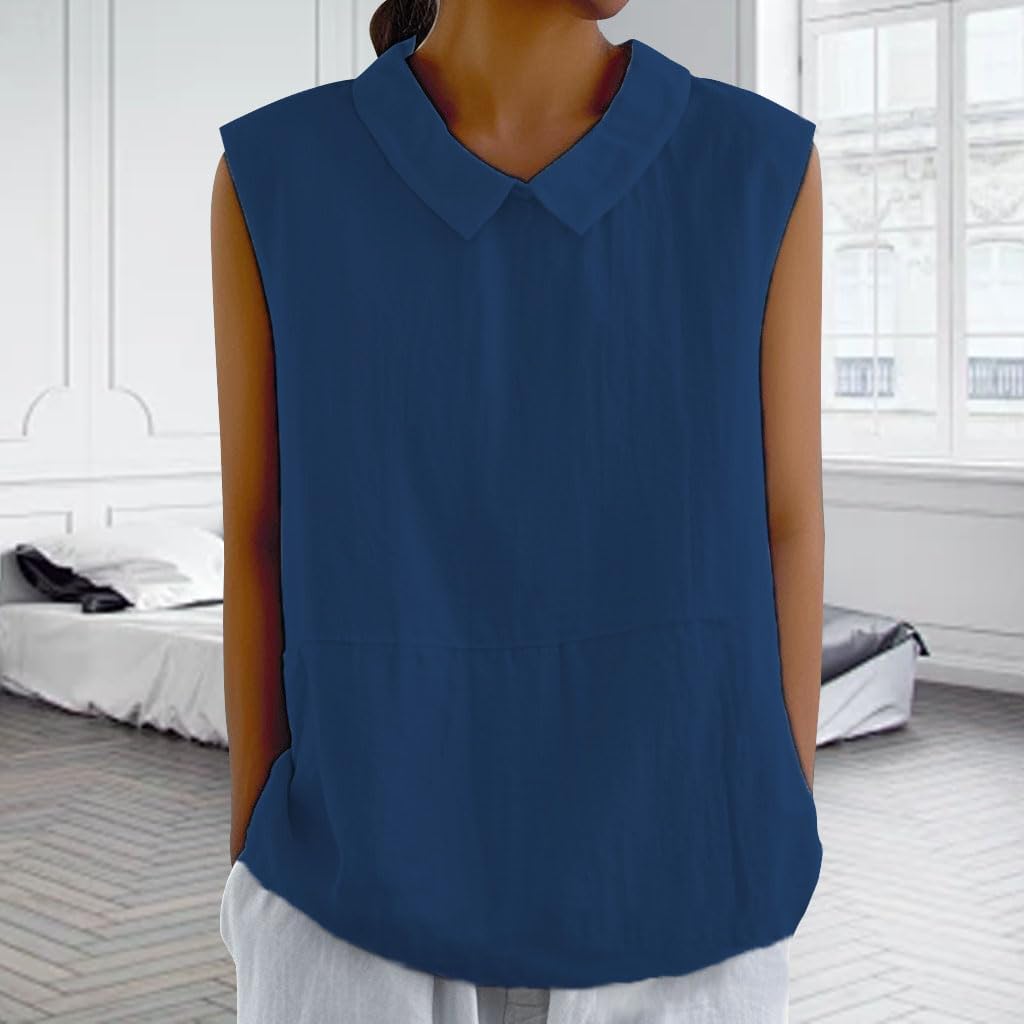 Womens Cotton Linen Tank Tops Sleeveless Collared Shirts Summer Solid Cute Dressy Casual Loose Fit Blouses image 2