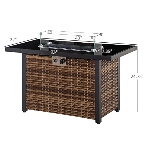 Outsunny 43In Outdoor Propane Gas Fire Pit Table, 50,000 Btu Auto-Ignition Wicker Gas Firepit With Glass Wind Guard, Blue Glass Rock, Csa Certification, Brown #TOP2