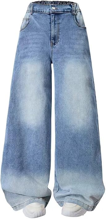 Nivne Tco Girls Baggy Jeans - High Elastic Waist Zipper Retro Washed Wide Leg Denim Pants - Trendy Tween Girls Clothes