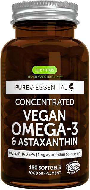 Vegan Omega 3 Algae Oil 1344mg, Astaxanthin 1mg, 180 Softgels, DHA & EPA Fatty Acids 600mg, Pure & Sustainable, Heart, Brain & Eye Health, by Igennus
