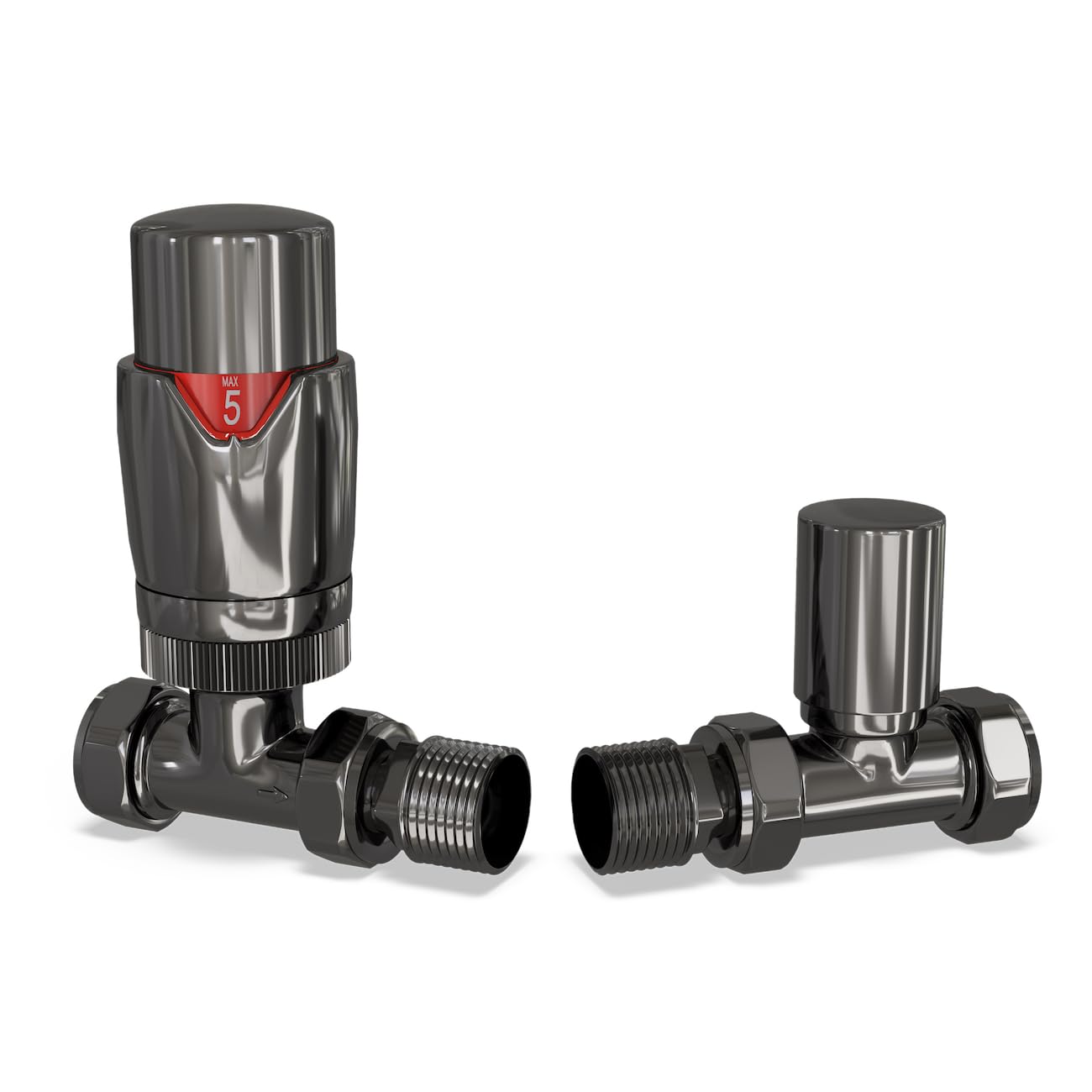 UK Radiators Thermostatic Radiator Valve (TRV), 15mm Straight Lockshield, Glossy Black Nickel Colour
