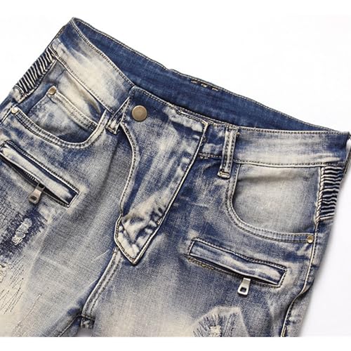 Men's Patchwork Pleated Ripped Jeans Biker Zipper Deco Washed Straight Jean Destroyed Fit Flex Skinny Jeans3