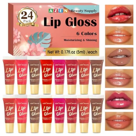 AZEN 24 Pack Lip Gloss Set, Color Lip Oil for Dry Cracked Lips Moisturizing Hydrating Nourishing with Vitamin E, Mothers Day Gifts for Women