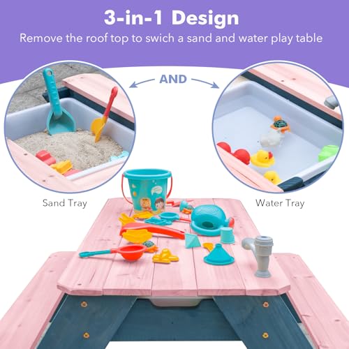 Miniatura 2 de Kids 3 en 1 - Mesa de picnic convertible para exteriores con paraguas, 2 cajas de juego, parte superior desmontable, mesa de grifo para exteriores (rosa/azul marino)
