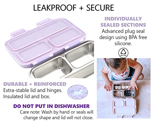 Unicorn Stainless Steel Lunch Box For Baby Or Toddlers Girls, Insulated Mini Bento, 3 Eco Metal Portion Sections Leakproof Lid, Pre-School Daycare Lunches And Kids Snack Container, Purple #TOP3