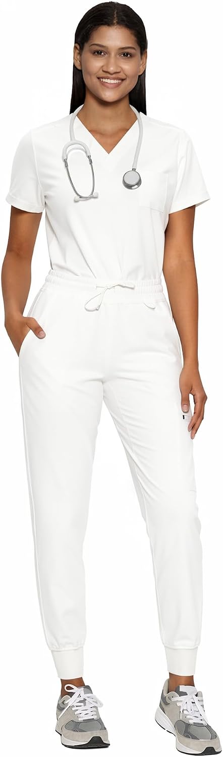 Scrubs for Women, V-Neck Top & Cargo Jogger Pants, 9 Pockets