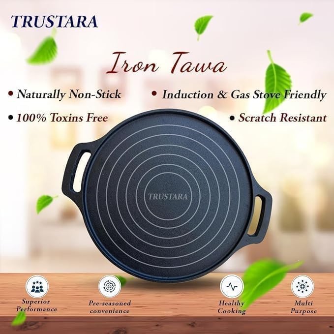 Image of Pre-Seasoned Cast Iron Tawa for Dosa /Chapathi /Roti | 29 cm, 2.7kg| Gas & Induction Stove-Friendly | Non-Stick, Pre-Seasoned Tawa, Long Lasting & Toxin-Free, No Chemical Coating, Black-M1 (25)