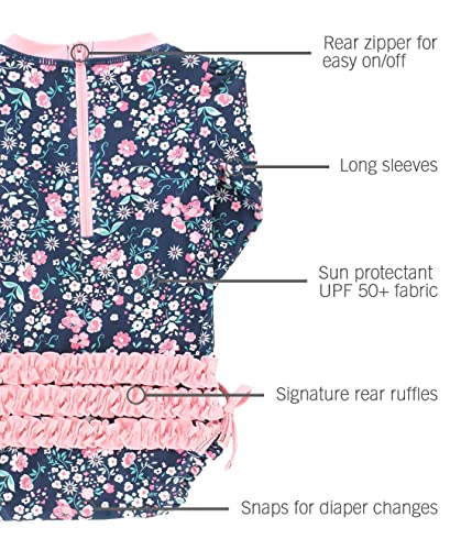 Image of RuffleButts Baby Girls UPF 50+ Sun Protection Floral Printed Long Sleeve One Piece Rash Guard Swimsuit with Zipper