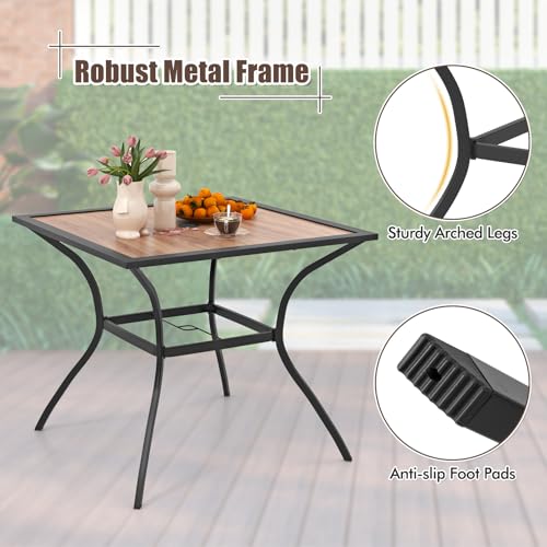 Image of Giantex Patio Table with Umbrella Hole, Outdoor Dining Table for 4 People with All Weather Resistant Tabletop, Metal Support Legs, Square Bistro Table for Porch Deck Garden Backyard Poolside