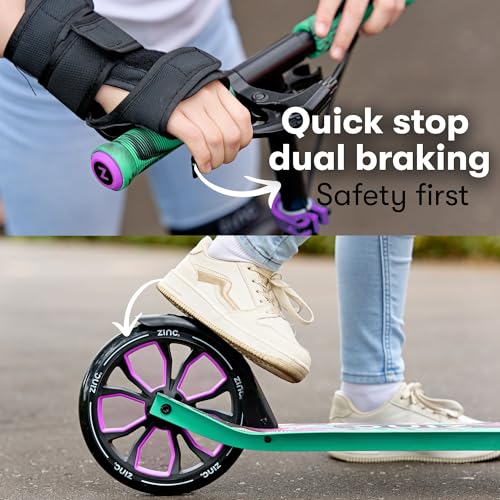 Image of Zinc Verge Pro Kids Scooter - Big Wheel Kick Scooter for Ages 6+, Foldable 2-Wheel Scooter with 200mm Wheels, Lightweight, Height Adjustable, Rear Footbrake, Supports up to 100kg, Black & Green