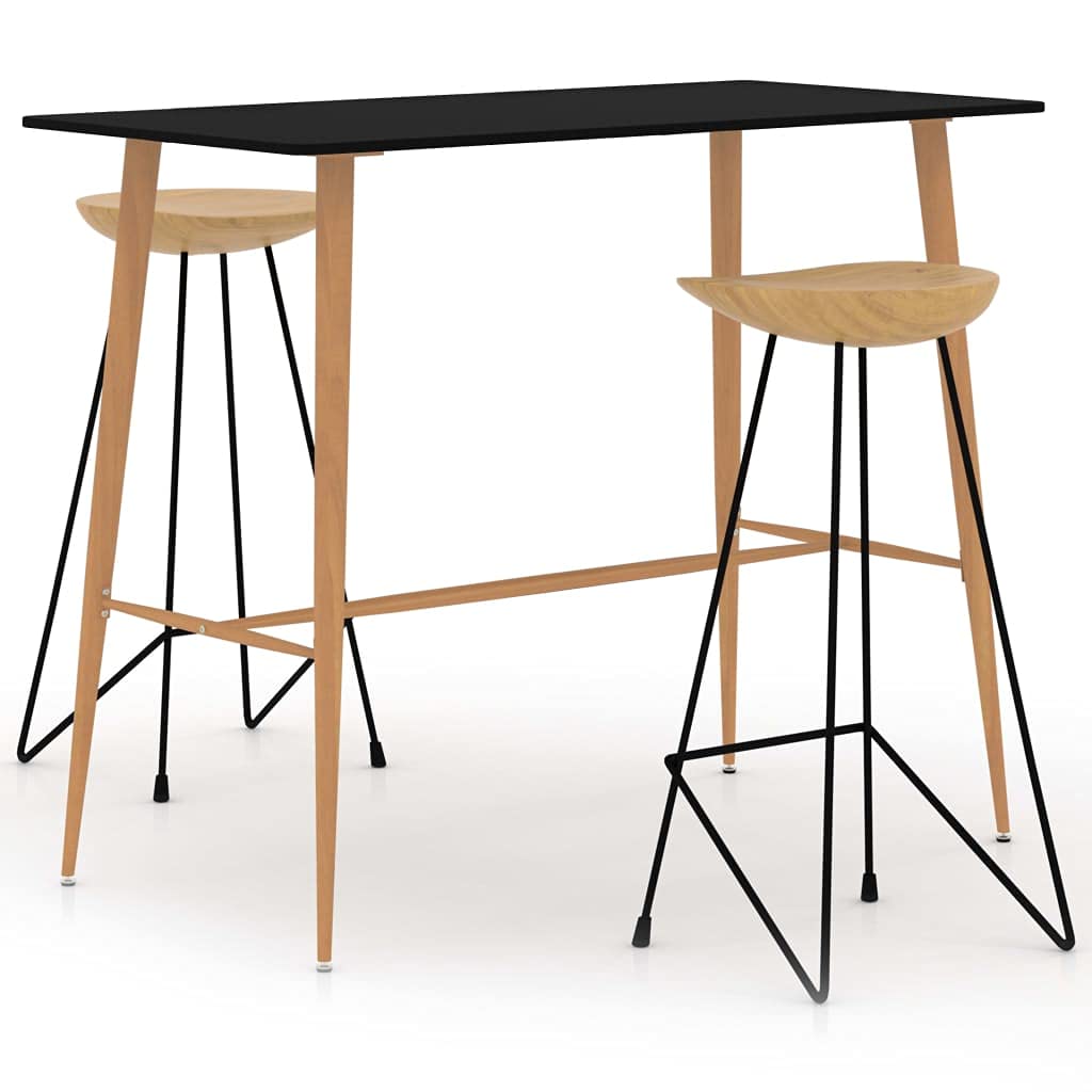 Ensemble de bar 3 pièces noir avec plateau en MDF, pieds en métal aspect bois, 120 x 60 x 105 cm, 2 tabourets de bar en teck huilé et fer, pour cuisine, salle à manger et salon