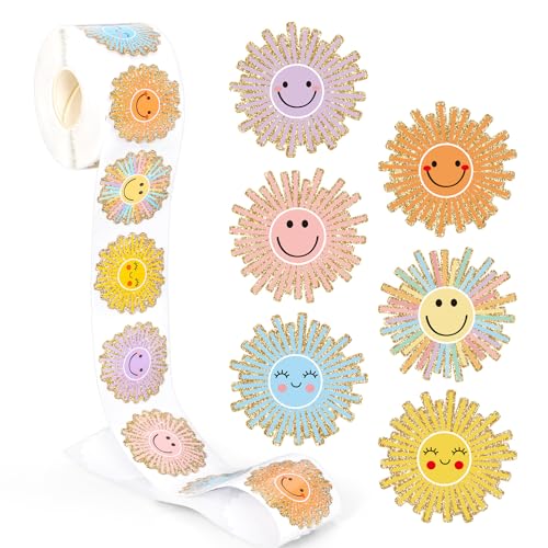 FYSUIMU Sun Stickers for Kids Cartoon Boho Smile Happy Face Sunshine Self-Adhesive Sticker First Trip Around The Sun Decorations for Back to School Baby Shower Birthday Party Teacher Reward, 500 Pcs