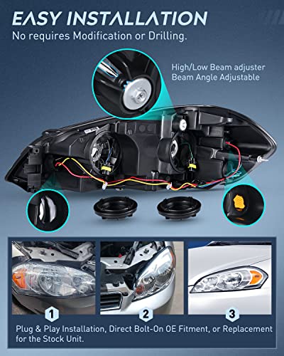 Nilight Headlight Assembly For 2006 2007 2008 2009 2010 2011 2012 2013 Impala 2014 2015 2016 Impala Limited 2006 2007 Monte Carlo Replacement Headlamp Chrome Housing Amber Reflector, 2 Years Warranty #TOP6