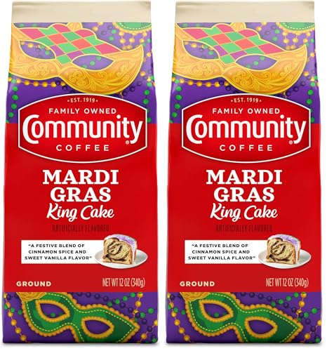 Image of Community Coffee Mardi Gras King Cake Flavored 12 Ounces, Medium Roast Ground Coffee, 12 Ounce Bag (Pack of 2)