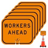 Xpose Safety Traffic Cone Sign (Workers Ahead Sign), 12' x 10', 6-Pack – High Visibility Reflective Cone Top Sign for Road Work
