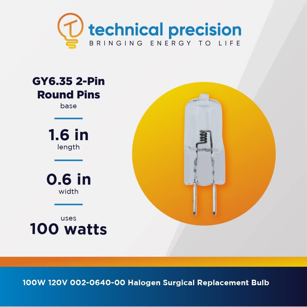 Technical Precision 100W 120V Bulb Replacement for Midmark 002-0640-00 T4 Halogen Surgical Light Replacement - GY6.35 Bi-Pin - 1800 Lumens - Clear - 1 Pack