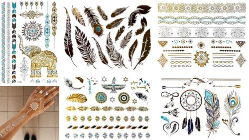 BeyondTattoos Tatuaggi d'oro, 5 fogli, tatuaggi temporanei con piuma, tatuaggio acchiappasogni, tatuaggio Elli