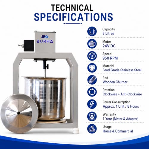 Image of AURHA 8L Stainless Steel Butter Churner Machine | 950 RPM Electric Buttermilk & Butter Maker | Dual Rotation Curd Churning Machine | Traditional Bilona Mixer for Home, Dairy Farm & Commercial Use