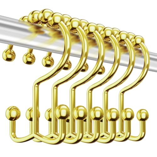 ZASZO Gold Shower Curtain Hooks 304 Stainless Steel Shower Curtain Hooks Rust Proof Double Hook Glide Shower Curtain Rings for Bathroom Modern Decorative Heavy Dut Shower Curtain Hangers Set of 12
