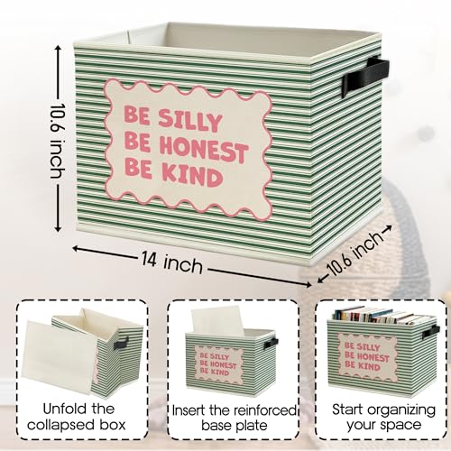Image of Inspirational Nursery Storage Bins Box with Handles, Be Silly Honest Kind Motivational Pink and Green Striped Collapsible Basket Organizer for Kids Room Bedroom Bathroom Books Clothes