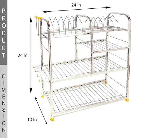 Image of Stainless Steel Wall Mount Kitchen Racks | Dish Rack with Cutlery and Plate Kitchen Stand | Modular Kitchen Bartan Stand | Kitchen Organizer Items (24 X 24 Inch) Wt-4.5kg, Corner Shelf