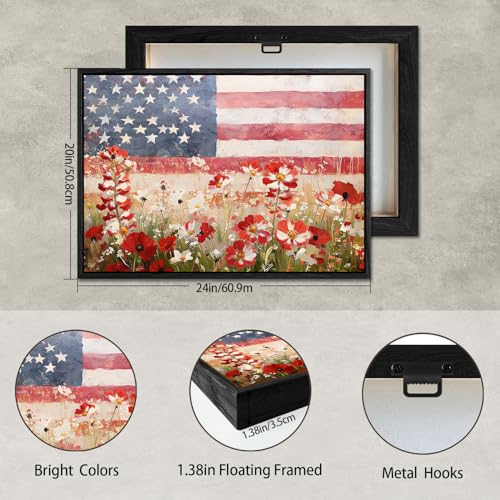 Image of American Flag Framed Canvas Wall Art, 4th of July Floral Canvas Prints, Wildflower Meadow Landscape Patriotic Decorations, Vintage Rustic Independence Day Wall Decor for Bedroom Living Room 20x24