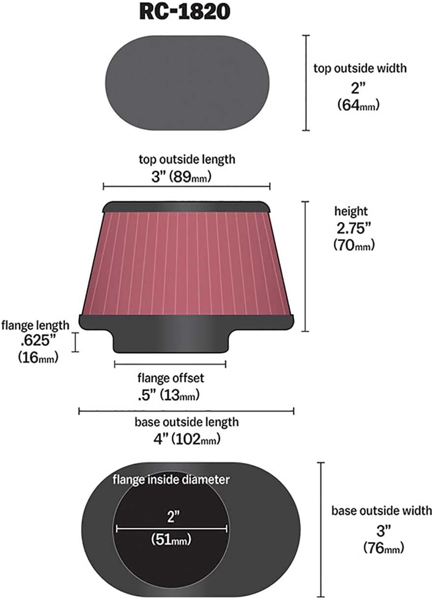 K&N High-Flow Original Lifetime Universal Clamp-On Air Filter: Performance, Premium, Washable: Flange Diameter: 2 In, Filter Height: 2.75 In, Flange Length: 0.625 In, Shape: Oval Straight, RC-1820