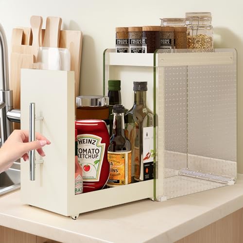 Pull Out Spice Rack Condiment Organizer for Countertop - 2-Tier Slide Out Seasoning Kitchen Organizer with Grease-Free Design - Suitable for Taller Bottles - Alternative to Lazy Susan (2-Tier Large)
