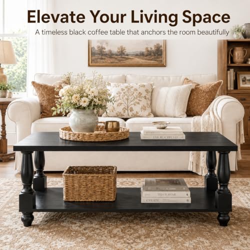 Image of Homieasy 47 inch Farmhouse Coffee Table with Storage, Rectangular Wood Center Table with Solid Wood Turned Legs & Thickened Top, 2-Tier Cocktail Sofa Table for Living Room, Black