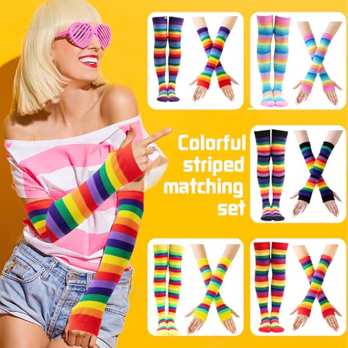 AUNGCSHE 2-Teiliges Set, 1 Damen Gestreifte Overknees Strümpfe, 1 Regenboge Handschuhe, Kniestrümpfe Regenboge, Fingerlose Handschuhe, Kostüm für Weihnachten Karneval Warm Halten(Rot)