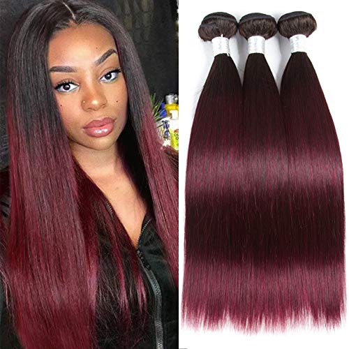 Ombre Bundles Human Hair Silky Straight Ombre Color 1B/99J Burgundy Dark Roots Full And Thick Peruvian Natural Hair Real Virgin Hair Red Wine Human Hair 3 Bundles 18 20 22 Inch