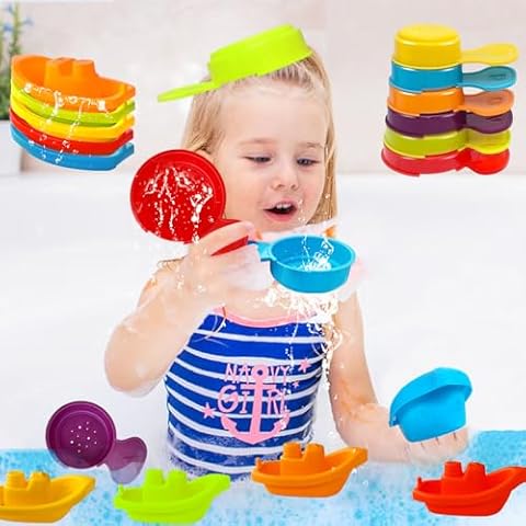 11Pcs Bath Toy Floating Boats Bathing Spoons for Toddler 1-3,Stackable Bathtub Float Water Table Toys,Stacking Shower Toys for Toddlers Bath Educational Counting Cover