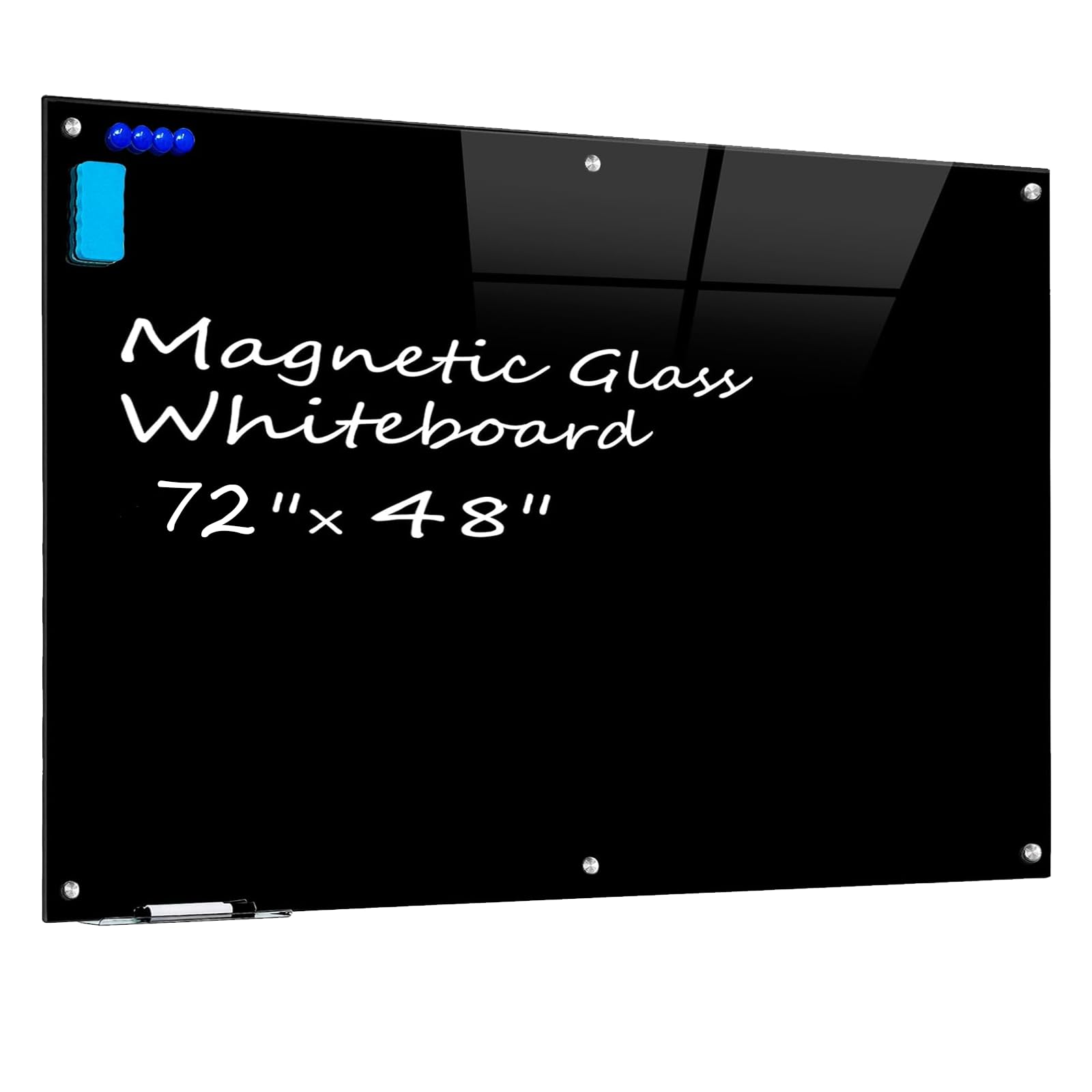 KIZZBY Magnetic Glass Dry Erase Board - Large Black Whiteboard for Wall 72"x48" Frameless Black Board for Office, Home & School