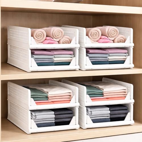 Image of Go Hooked Foldable Wardrobe Organizer with Drawer Style Pull Out Design | Pack of 8 Small (44x34x14.5 cm) Shelf Storage Box | Heavy Duty Plastic Shirt Stacker for Cupboard, Almirah & Closet | White
