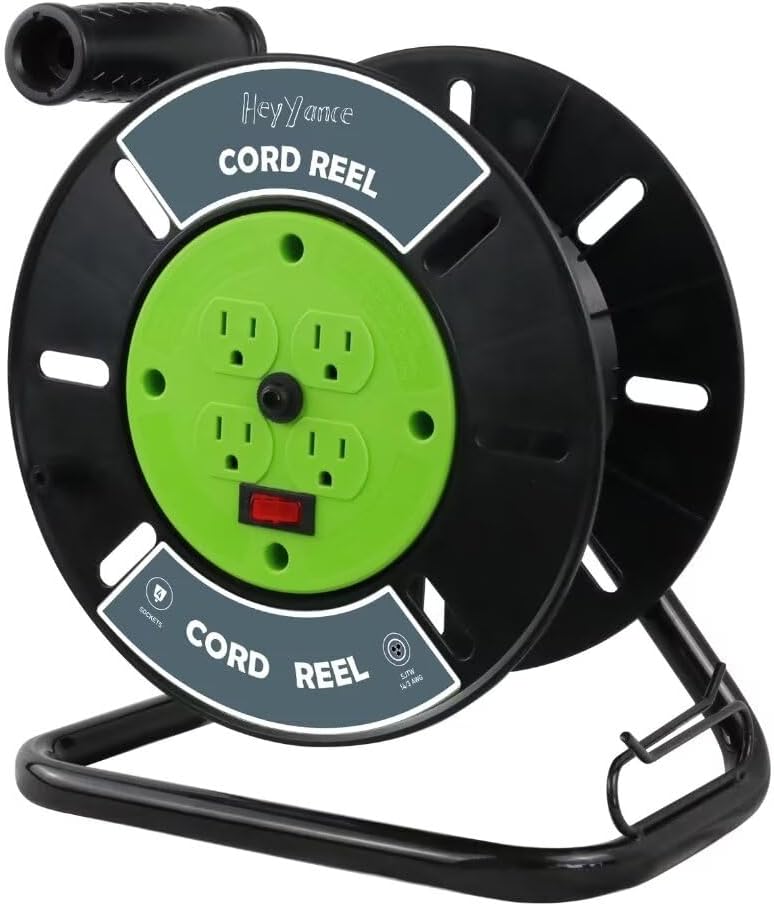 Extension Cord Storage Reel with 4-Grounded Outlets, Heavy Duty Open Cord Reel for 12/3 14/3 16/3 Power Cords, Portable Empty Hand Crank Electric Cord Roller Holder, Green