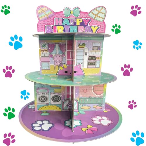 Cartoon Cat Dollhouse Cupcake Stand 3-Tier Pink Cake Stand for 24...