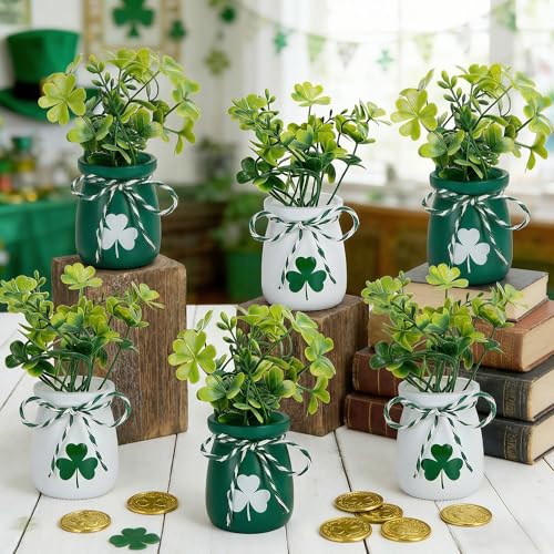 Iceyyyy 6 Set St.Patricks Day Mini Shamrock Jars Saint Patricks Day Mini Shamrock Vase with Fake Clover St Patricks Day Centerpieces for Irish Holiday Home Party Supplies