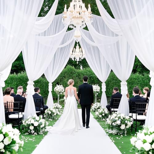 Image of FOTSHARER White Ceiling Drapes for Weddings 5FTx30FT 2 Panels Chiffon Arch Draping Fabric Sheer Curtains for Chiffon Ceiling Drapery Tulle Ceiling Drapes for Wedding Party Ceremony Swag Tent Decor