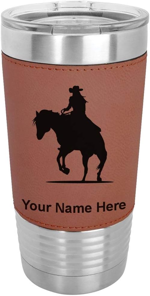 LaserGram 20oz Vacuum Insulated Tumbler Mug, Cowgirl Riding Horse, Personalized Engraving Included (Faux Leather, Dark Brown)