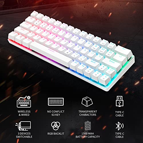 Huoji 60% Mechanical Gaming Keyboard,Wired/Bluetooth 5.0 Modes,Rgb Backlit Ultra-Compact Mini Keyboard, Compact 63 Keys Keyboard For Pc/Mac Gamer,Office,Gaming,Homeoffice #TOP6