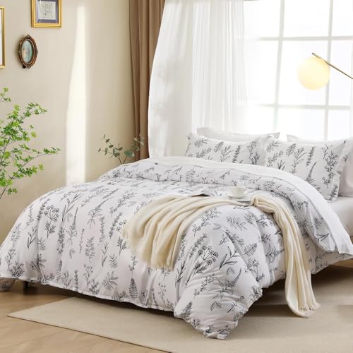 Image of MUXHOMO White Bed in a Bag Queen 7 Pieces, Queen Comforter Set Reversible Botanical Flowers Design, Ultra Soft & Breathable Bedding Sets with Comforter, Sheets, Pillowcases & Shams