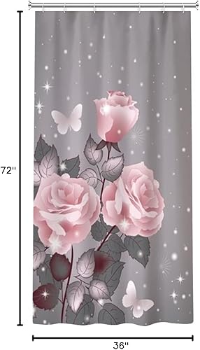 Miniatura 10 de OERJU Cortina de ducha floral con puntos brillantes, hojas de rosa florecientes, mariposa, elegante cortina de baño gris, patrón impreso 3D, tela de